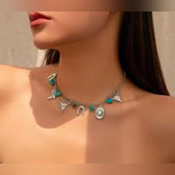 Western Silver Necklace with Turquoise Charms - Picture 3 of 3